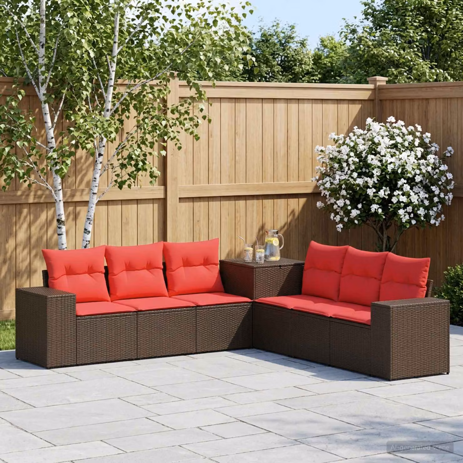 Set di divani da giardino vidaXL in rattan sintetico e metallo, 7 pezzi, marrone e rosso con cuscini inclusi