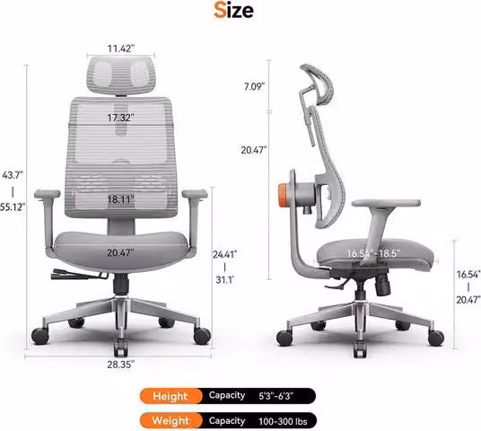 Sedia uffici ergonomica - Schienale regolabile automaticamente - Supporto adattivo - Altezza regolabile della testiera - Colore grigio