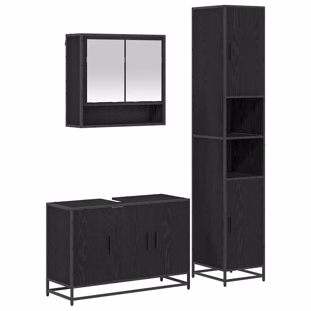 Set di mobili per il bagno moderno vidaXL in 3 pezzi, Rovere e Nero, con armadietto a specchio, mobile lavabo e colonna alta – 2