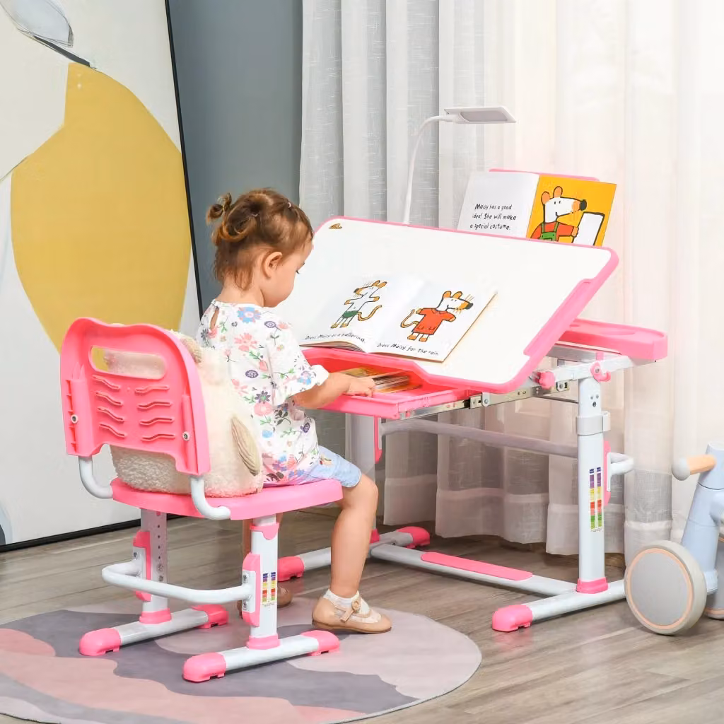 Banco Scuola per Bambini GIORDANOSHOP con Piano Inclinabile e Sedia Regolabile in MDF e Metallo Rosa – 2
