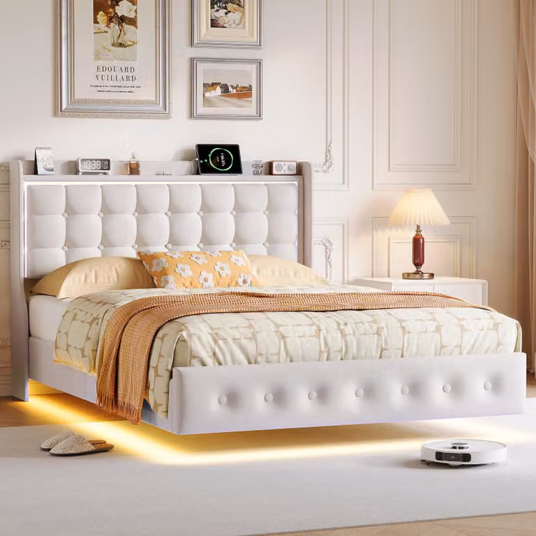Letto imbottito 160x200 cm con illuminazione LED, testiera con vano portaoggetti, 2 porte USB e 1 porta Type-C, rete a doghe, colore beige, letto matrimoniale senza materasso