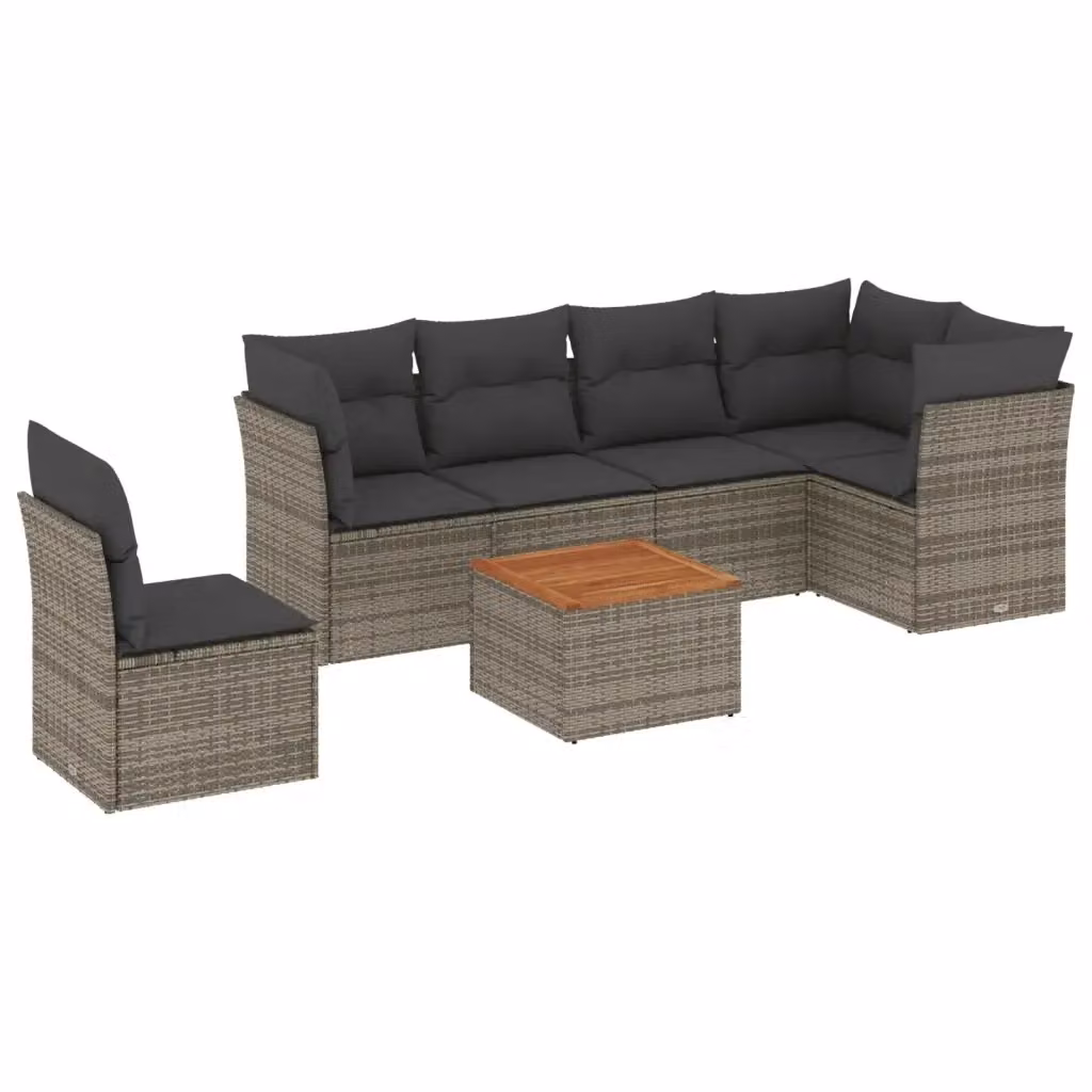 vidaXL Set Divani da Giardino 7 pz a Forma a L con Tavolino, Polyrattan e Cuscini, Grigio e Marrone – 2
