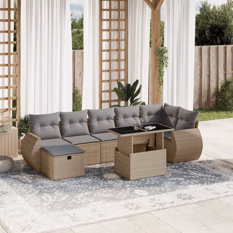 vidaXL Set Divano da Giardino 8 pz in Polyrattan con Cuscini Beige e Grigio a Forma di L