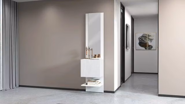 Scarpiera Kompact Web Furniture con Specchio Bianco Lucido e Mensole Interne, da Appendere al Muro, L: 45 cm, H: 191 cm, P: 19 cm – 2