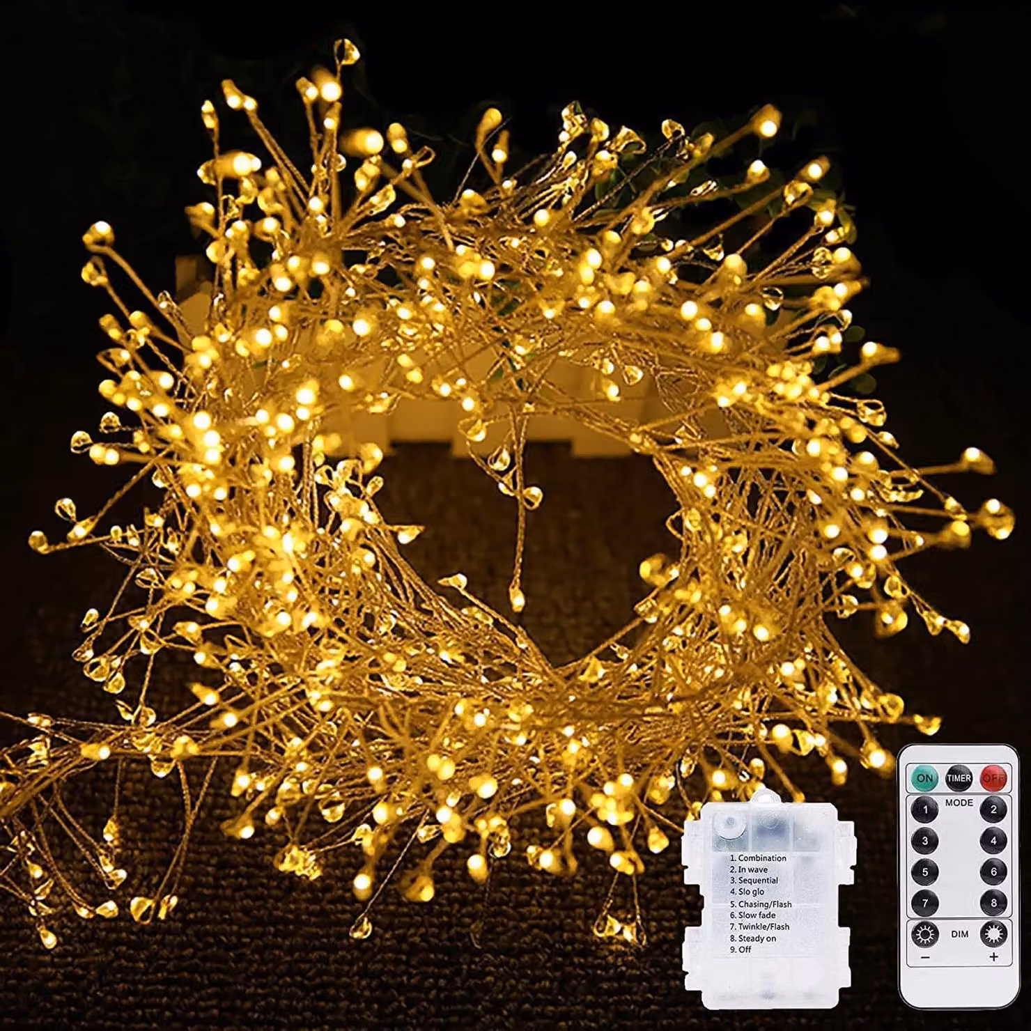 Catena luminosa a LED, 300 luci, 9 metri, luce bianco caldo, alimentazione a batteria, con telecomando