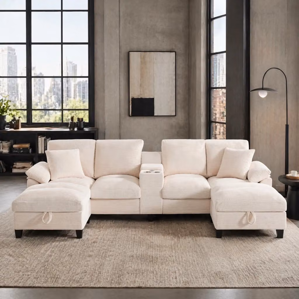 Divano panoramico a U Mivray in velluto a coste beige con vani contenitore, porte USB e portabicchieri per 4-5 persone – 2