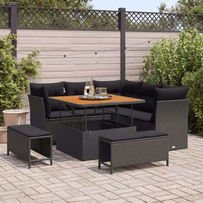 Set Divano da Giardino vidaXL a Forma di L con 8 Pezzi, Nero, con Cuscini e Funzione di Archiviazione