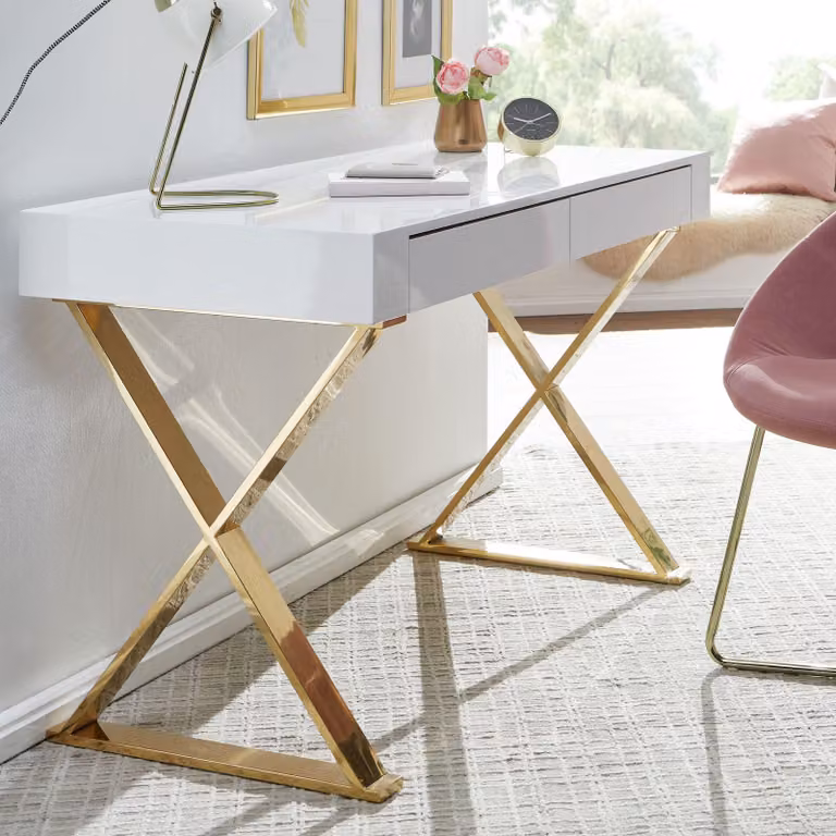FineBuy Scrivania 118x76x57 cm in legno bianco lucido con gambe in metallo dorato - Scrivania per computer, scrivania per PC, scrivania da ufficio, scrivania moderna, consolle con cassetti
