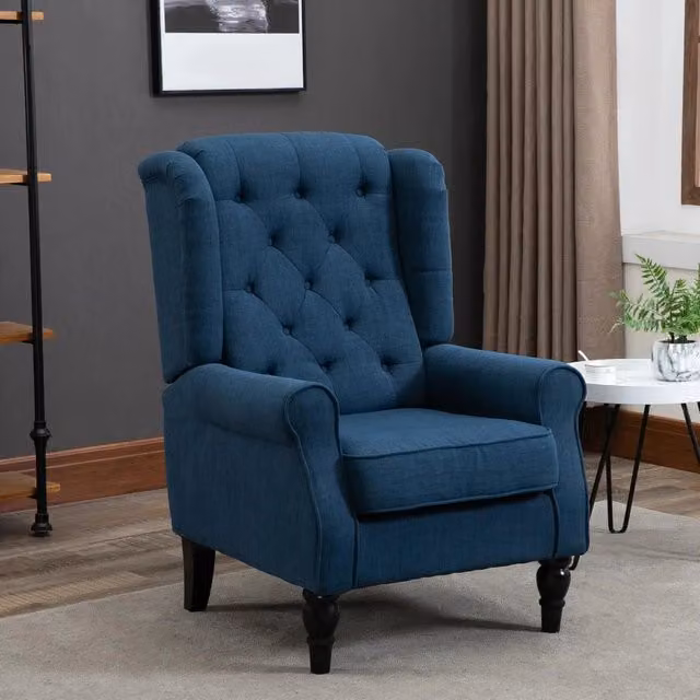 Fauteuil con schienale alto imbottito e capitonné con gambe in legno e feltrini per soggiorno in poliestere blu
