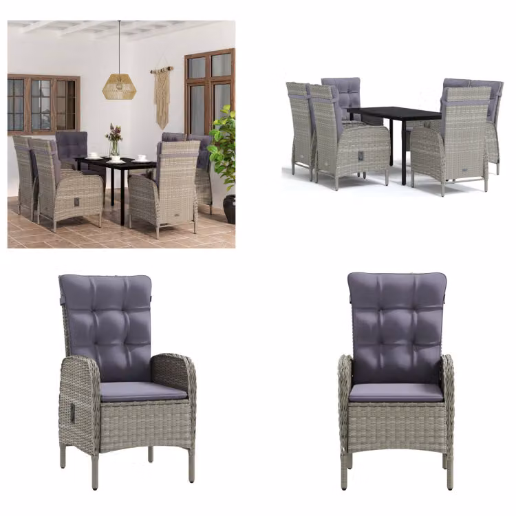 vidaXL Set da pranzo da giardino 7 pezzi con cuscini grigio e nero - Set da pranzo da giardino - Set da pranzo da giardino - Set di mobili da giardino - Set di mobili da giardino