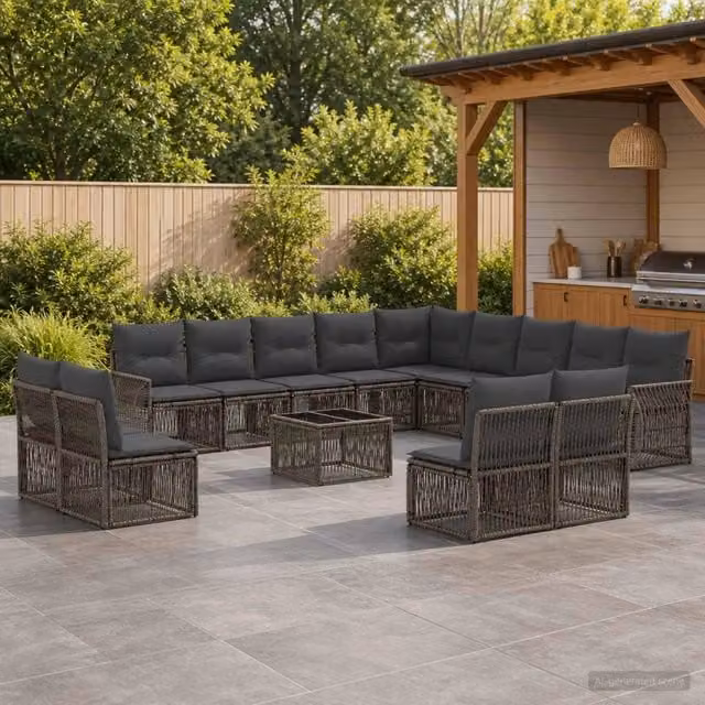 Set Divano da Giardino vidaXL a Forma a U in Polyrattan con Tavolino e Cuscini, Grigio e Antracite