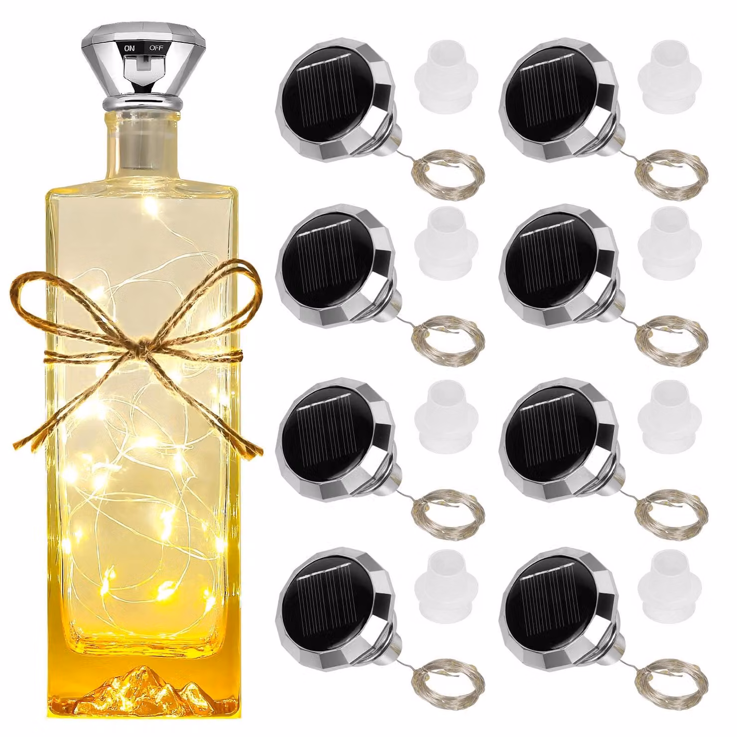 Set di 8 luci a LED per bottiglie, lunghezza 2 metri, 20 LED, catena luminosa solare, luce bianco caldo