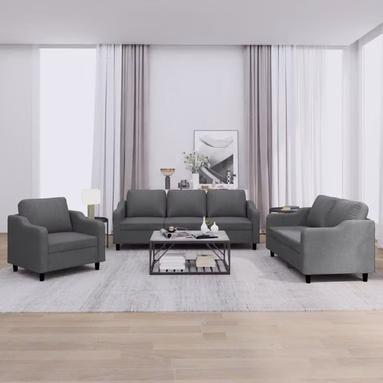 Set di divani vidaXL da 3 pezzi in tessuto grigio con cuscini per soggiorno moderno