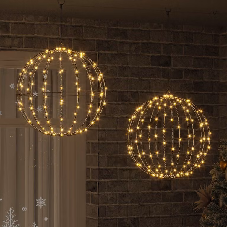 Set di 2 sfere decorative vidaXL in metallo bianco con 320 LED luce bianco caldo e telecomando, L/P/H: 50 x 50 x 52 cm