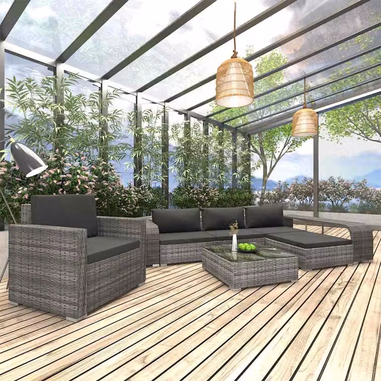 Set Divani da Giardino vidaXL 8 Pezzi in Polyrattan Grigio con Cuscini e Tavolino con Piano in Vetro