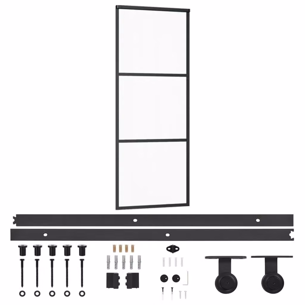 Porta Scorrevole in Alluminio e Vetro ESG con Kit di Montaggio vidaXL, Colore Nero e Trasparente, L: 76 cm, H: 205 cm – 2