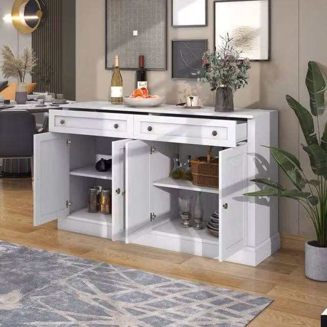 Credenza con 4 ante e 2 cassetti ripiani regolabili in MDF e truciolare bianco antico 150 × 40 × 86 cm