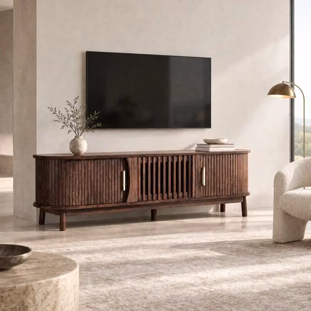 Mobile TV Mivray marrone con ante scorrevoli e anta ribaltabile, 3 vani per TV fino a 65 pollici, L: 165 cm, P: 39.5 cm, H: 46 cm