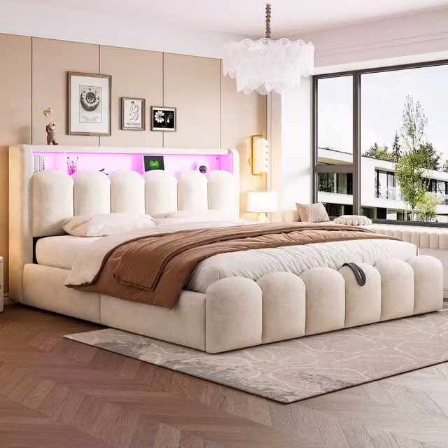 Letto contenitore 180x200 cm; matrimoniale con contenitore idraulico; testiera contenitore; LED; USB e Type-C; velluto; beige