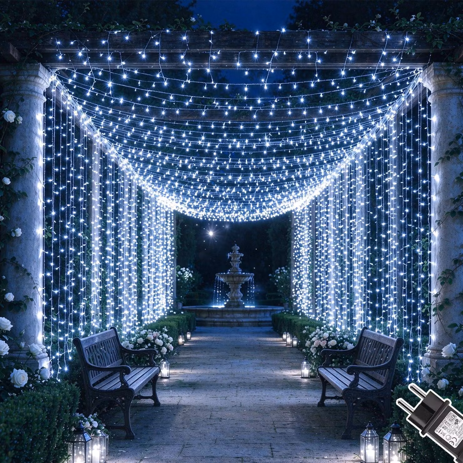 Tenda luminosa, dimensioni 6x3 metri, 600 LED, luce bianca fredda, grado di protezione IP65, 8 modalità, timer