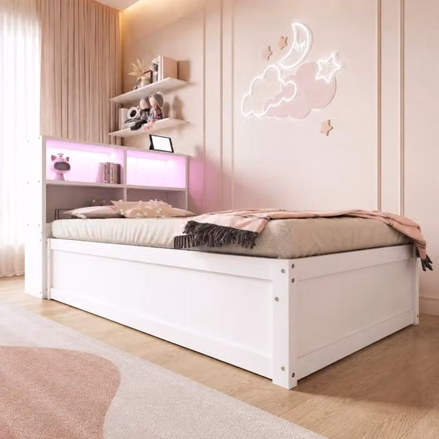 Letto singolo multifunzionale 90x200 cm in legno massello con prese multiple, luci LED e ampi scomparti bianco