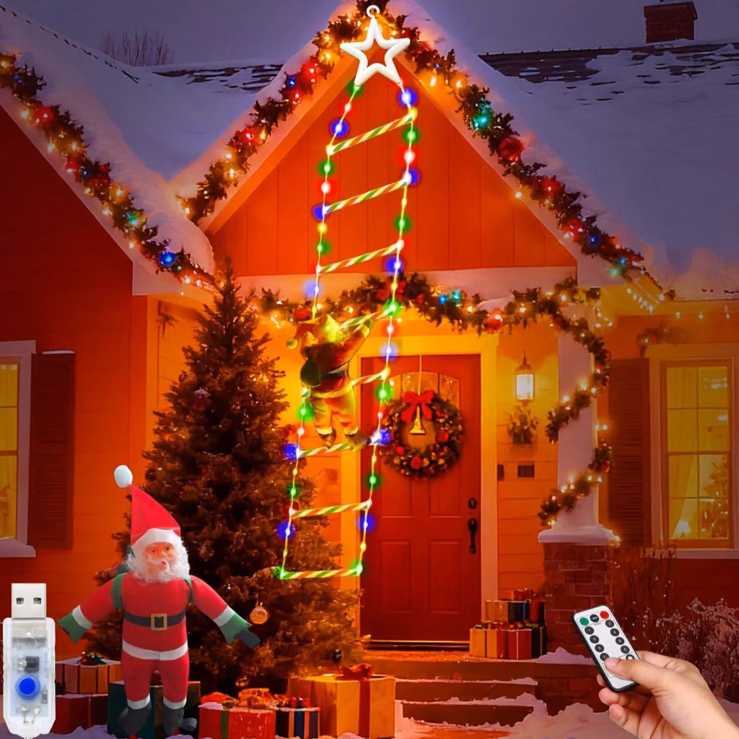Scala decorativa a LED con Babbo Natale, 2 metri, 124 LED, 8 modalità, alimentazione USB
