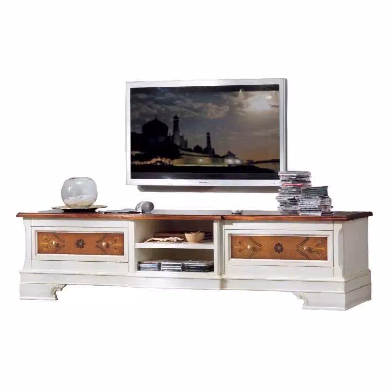 Porta TV classico in legno stile shabby chic bicolore bianco con 2 cassetti Mobili 2G L: 200 cm, P: 52 cm, H: 50 cm – 2