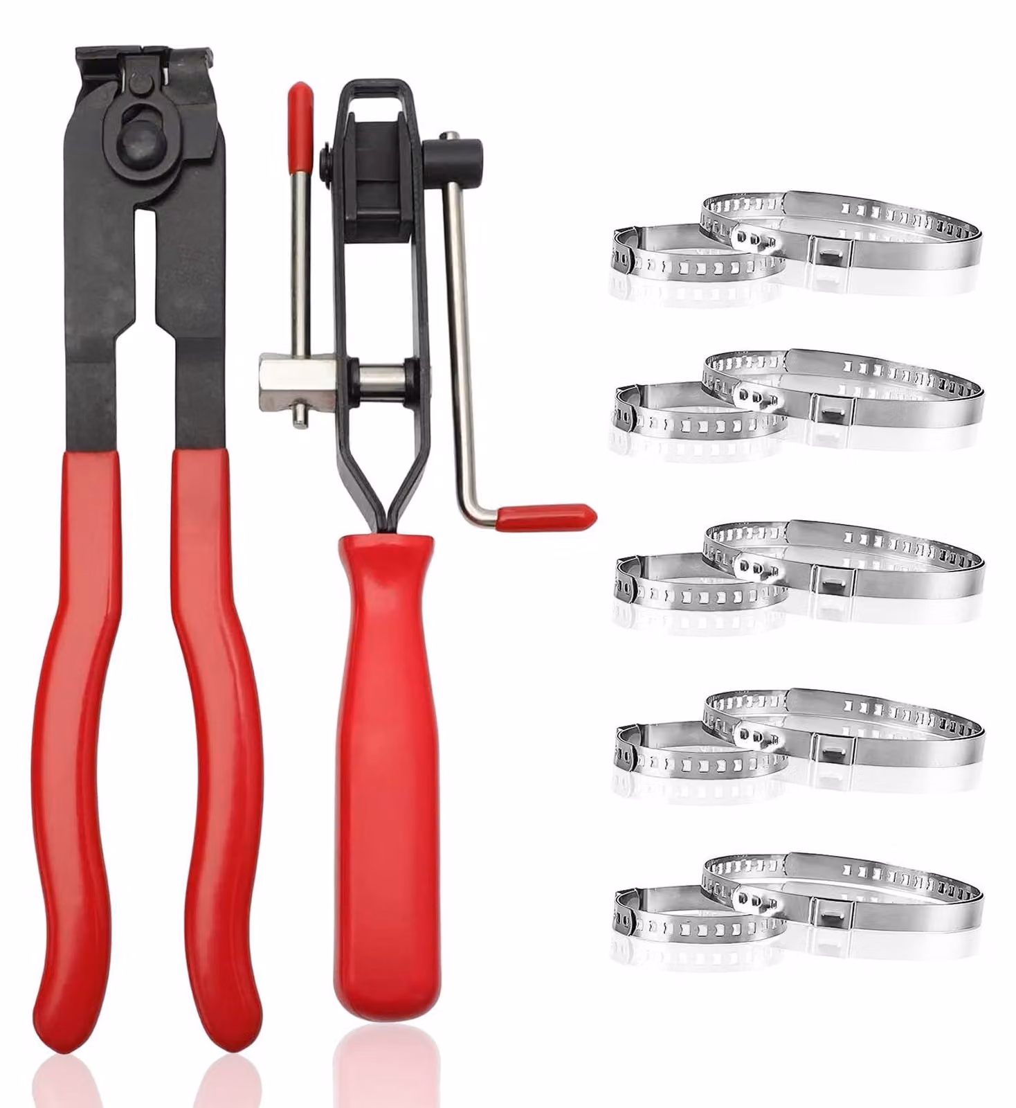Set di 12 fascette stringitubo, completo di pinza per stringitubo, 10 fascette a morsetto e 2 fascette stringitubo per tubi flessibili