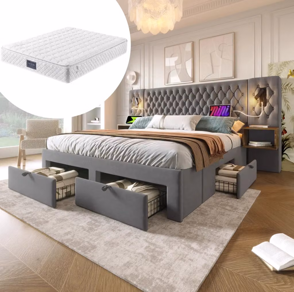 Letto matrimoniale MODFU in velluto grigio con 2 comodini, 4 cassetti, luci lettura integrate e porta USB Type C, L/P: 160 x 200 cm – 2