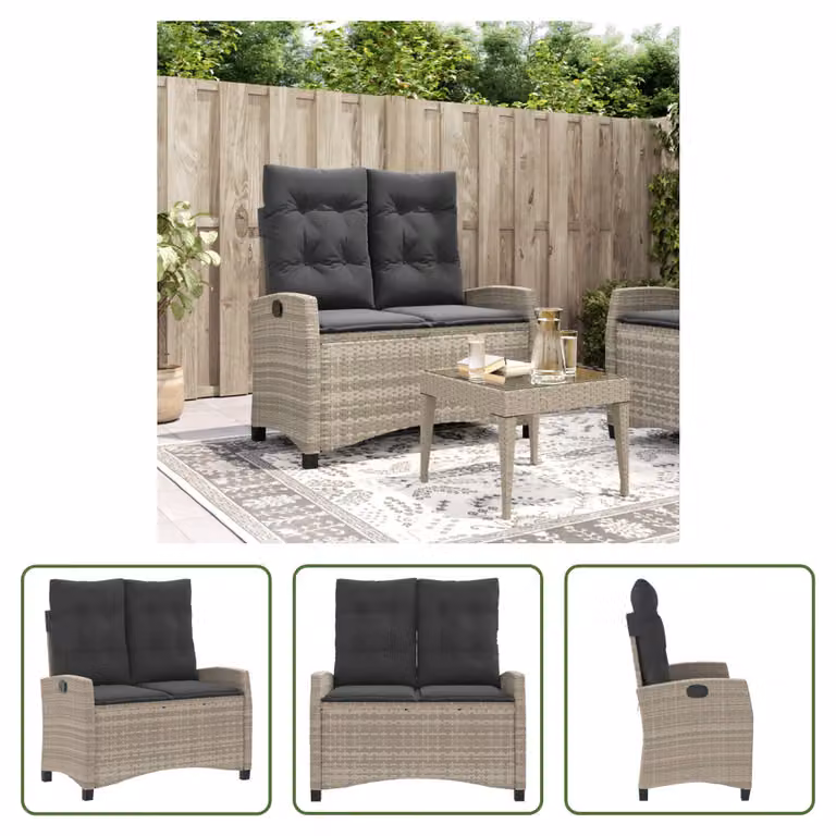 The Living Store Panca da giardino regolabile con cuscino Grigio chiaro in Poly Rattan