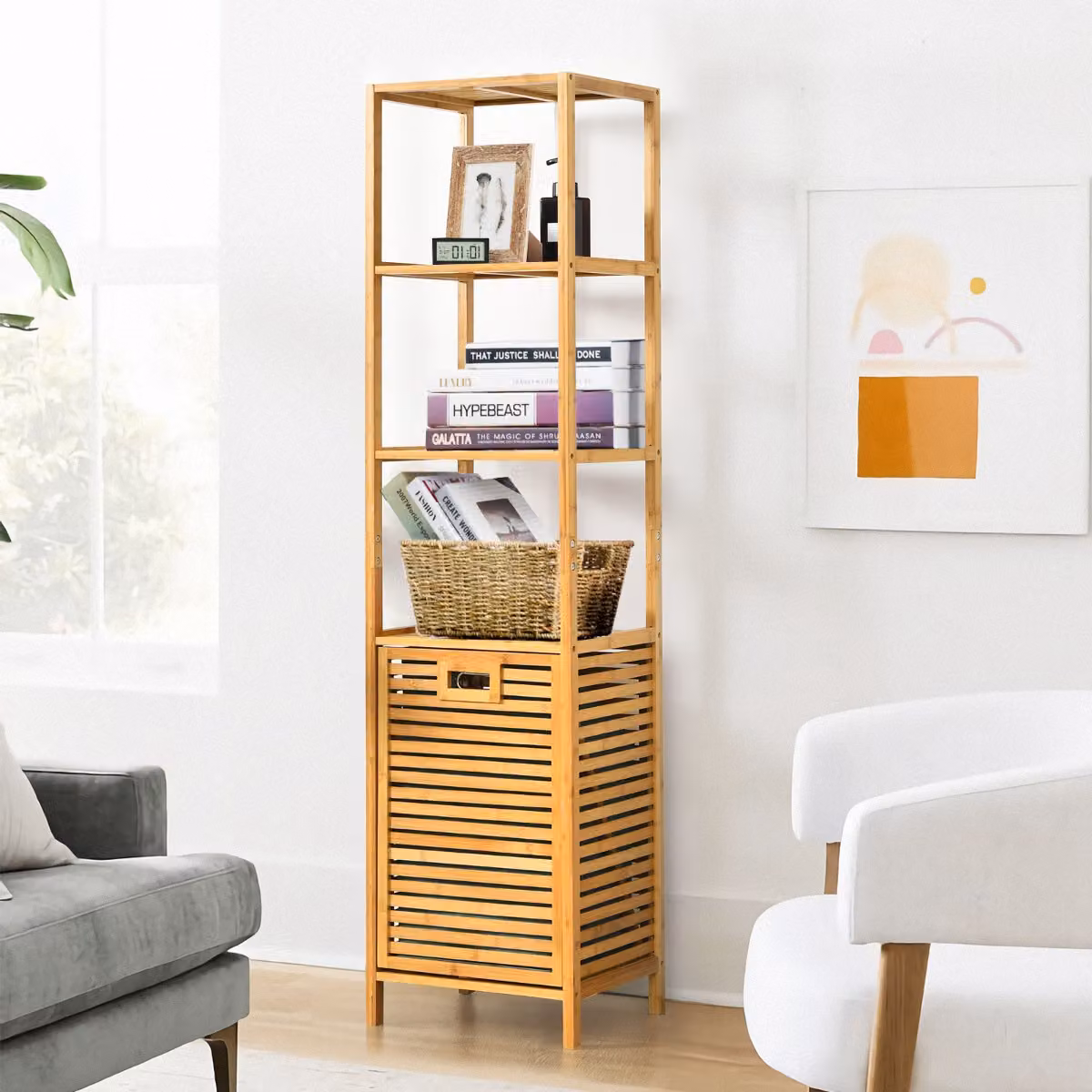 Organizer torre Costway con cesta di bambù e 3 mensole, cesto della biancheria a scomparsa per bagno e camera da letto, beige e marrone