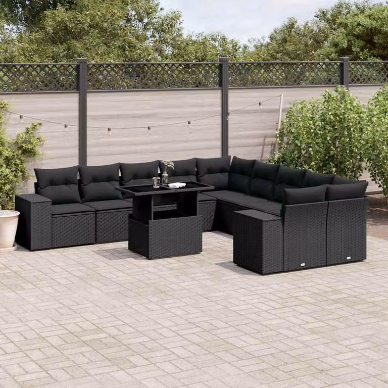 vidaXL Set Divani da Giardino 11 pz a Forma a L con Cuscini Nero