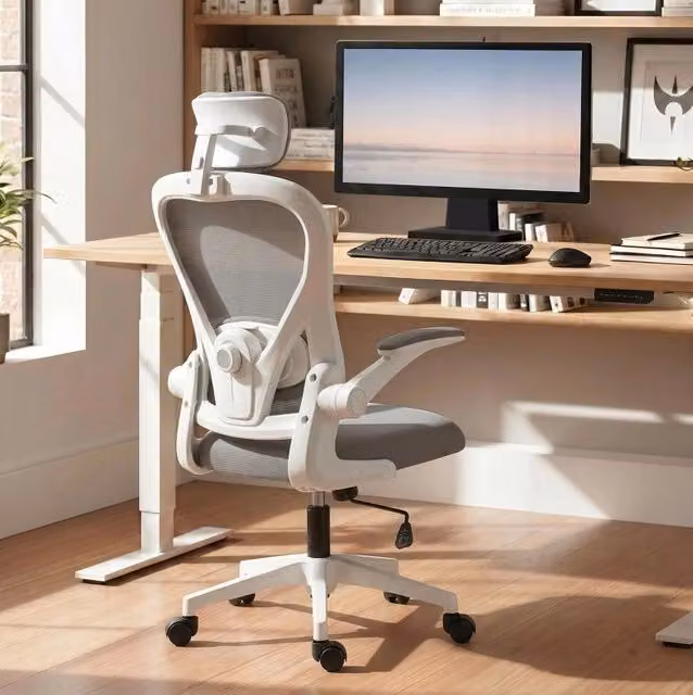 Sedia da ufficio ergonomica ULEVR grigia con poggiatesta e supporto lombare regolabili, braccioli ribaltabili