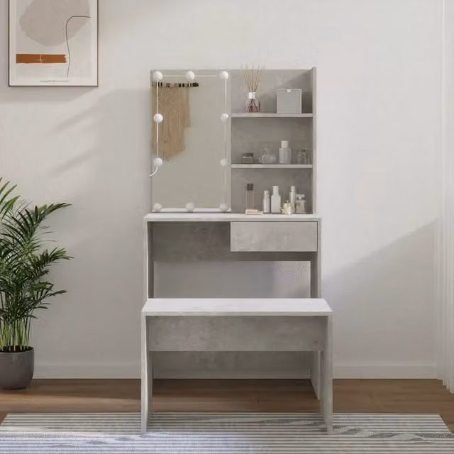 Set Tavolo da Toeletta con LED vidaXL, Colore Grigio, Design Moderno in Legno e MDF – 1