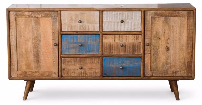 Mobile contenitore a buffet con 2 ante e 9 cassetti, in legno massello, stile vintage/retrò