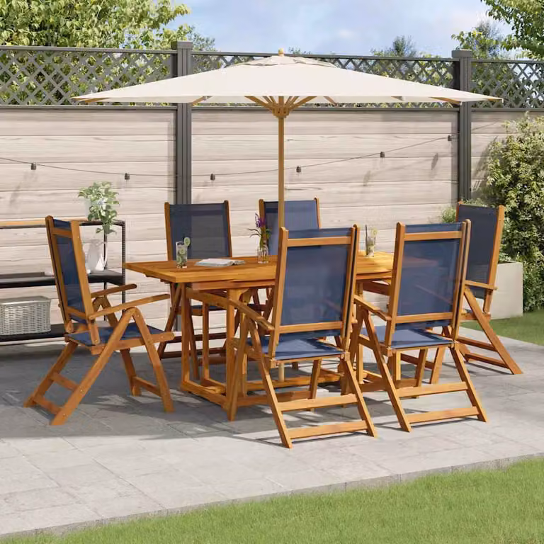 Set Pranzo da Giardino vidaXL in 7 Pezzi in Legno di Acacia Oliato e Textilene Blu e Marrone L/P/H: 120 x 75 x 80 cm