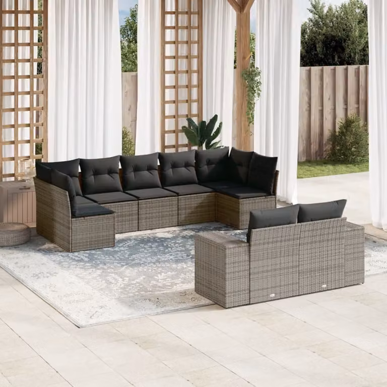 vidaXL Set Divano da Giardino a L 9 pz con Cuscini Grigio in Polyrattan e Acciaio