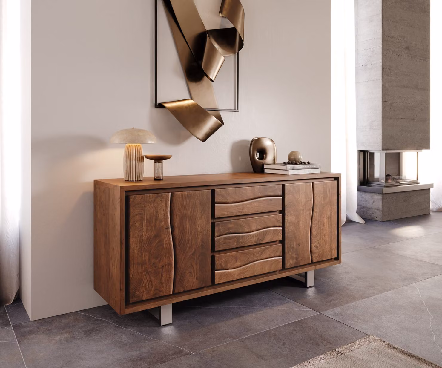 Mobile contenitore DELIFE con piano in legno massello a bordo vivo, 172 cm, legno di acacia marrone, 3 cassetti e 4 ante