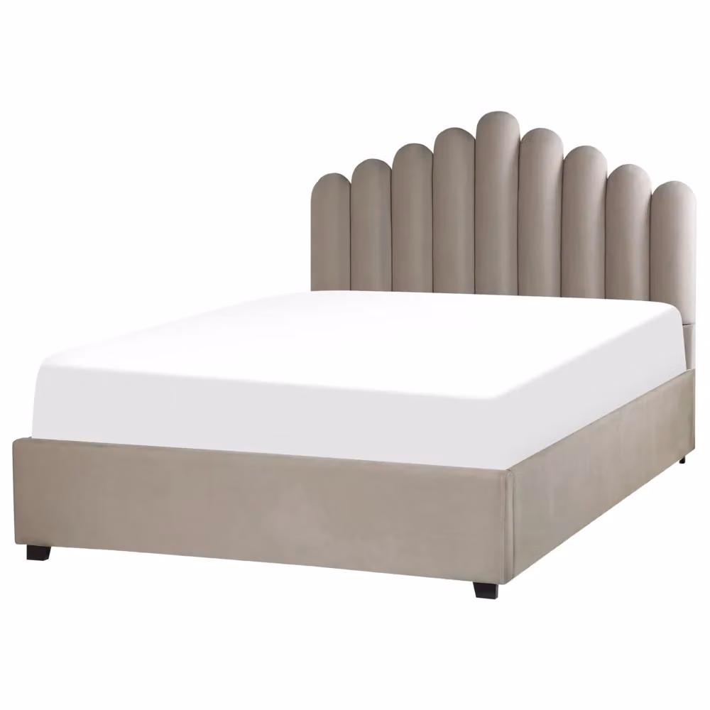 Letto contenitore matrimoniale Beliani in velluto beige con testiera a conchiglia e rete a doghe L/P/H: 214 x 140 x 125 cm – 2