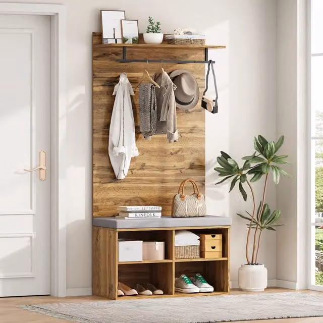 Guardaroba da ingresso con panca imbottita FOLYNA ARREDO FUNZIONALE effetto rovere marrone L: 84 cm, P: 35 cm, H: 175 cm