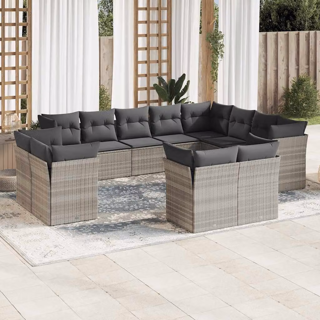 vidaXL Set Divano da Giardino a Forma di U in Polyrattan Grigio con Cuscini, 12 Pezzi