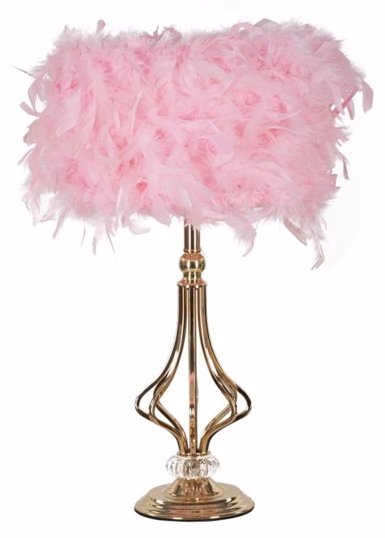 Lampada da tavolo Tarty Rosa in metallo con paralume in piume rosa