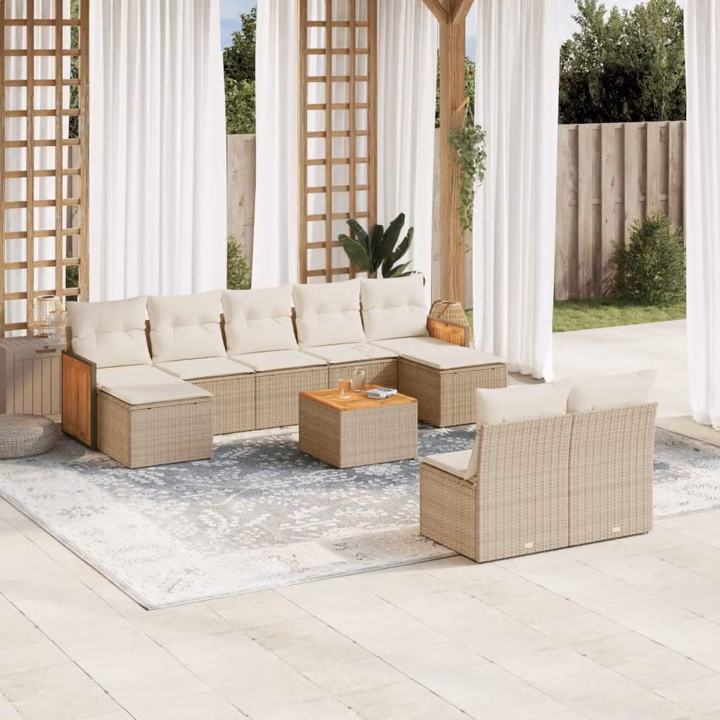 vidaXL Set Divano da Giardino 10 pz in Polyrattan con Cuscini Beige e Tavolino da Esterno – 1