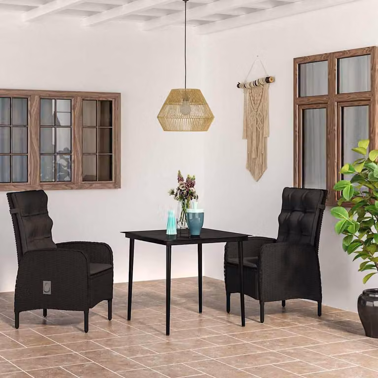 Set da pranzo da giardino vidaXL in polyrattan nero con cuscini e tavolo in vetro