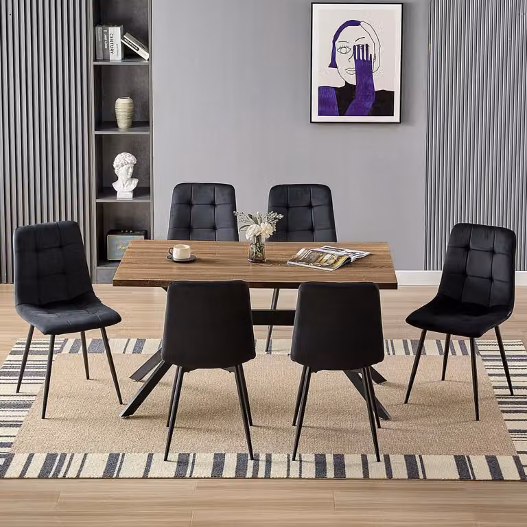 Tavolo da pranzo rettangolare con 6 sedie, in legno scuro, dimensioni 140x80x76 cm, completo di 6 sedie nere in velluto con gambe in metallo