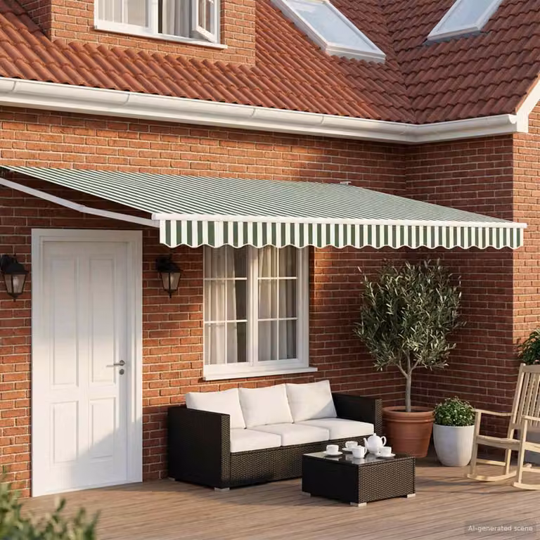 Tettuccio elettrico retrattile vidaXL con bracci pieghevoli in alluminio e copertura in poliestere, Verde e Bianco, L 4 x P 3 m