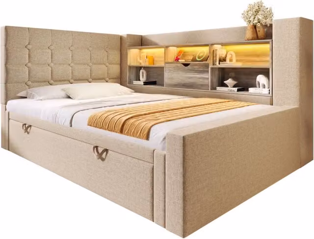 Letto singolo 90x200 cm con letto estraibile 90x190 cm; LED; testiera reversibile in lino beige