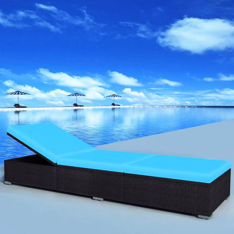vidaXL Lettino Prendisole in Polyrattan con Cuscino Blu e Struttura in Acciaio Nero