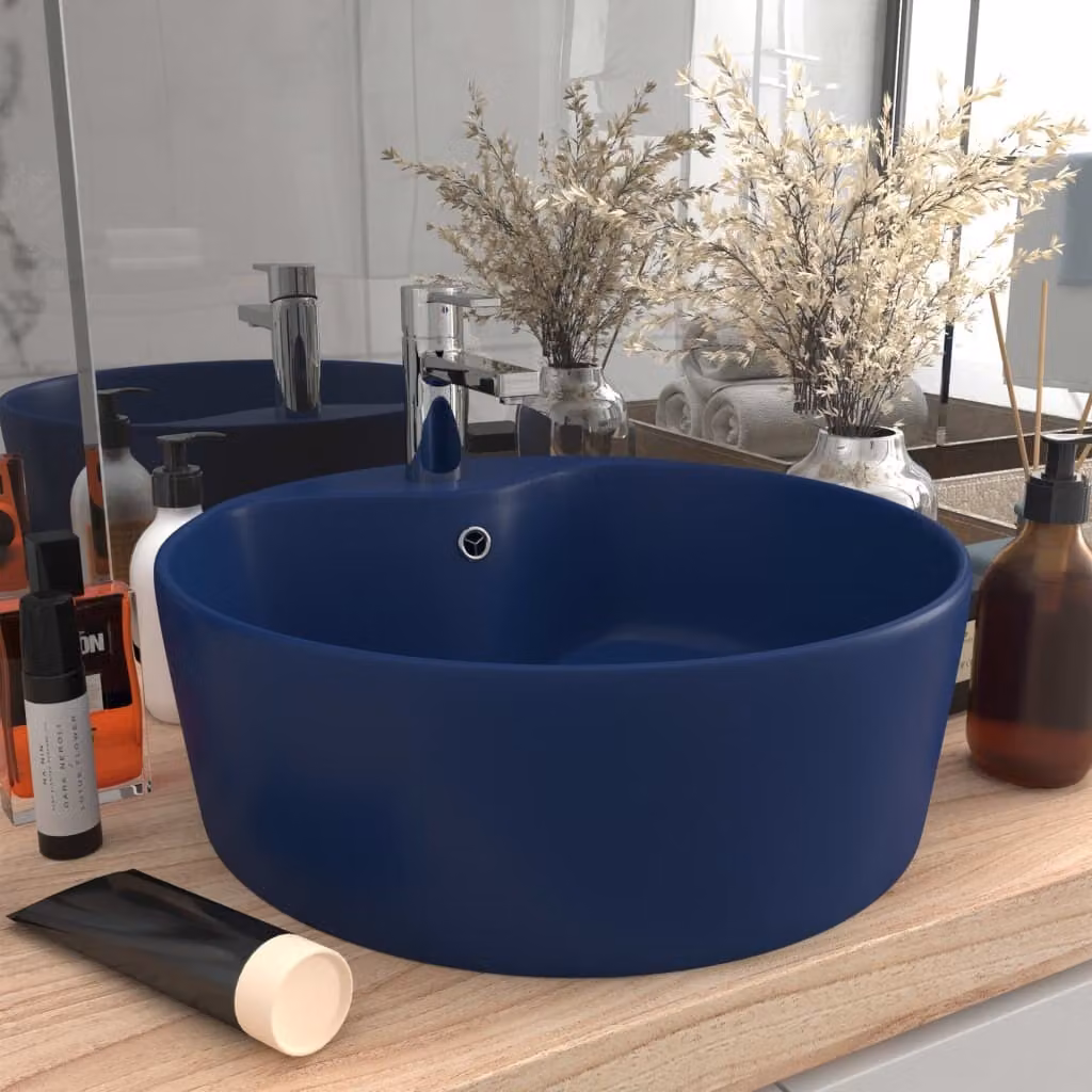 The Living Store Lavabo con troppopieno blu scuro opaco 36x13 cm in Vetroceramica