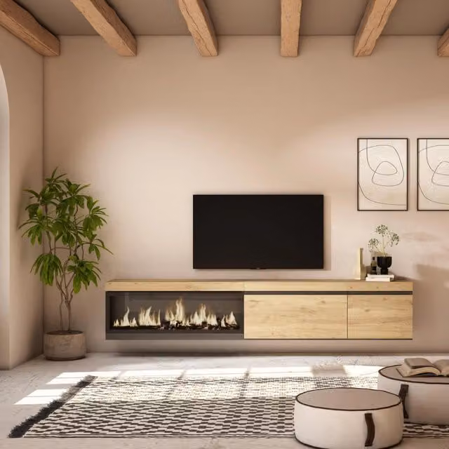 Mobile TV Soggiorno, 237x35x45cm, TV di grande formato, Camino elettrico XXL, da appendere, colore Rovere RF3591